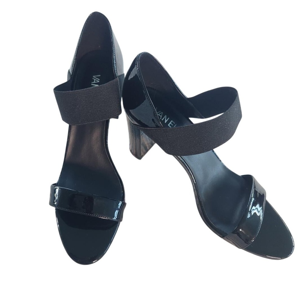 Vaneli Black Patent Leather Block Heel Sandals Elastic Strap Womens 9.5N